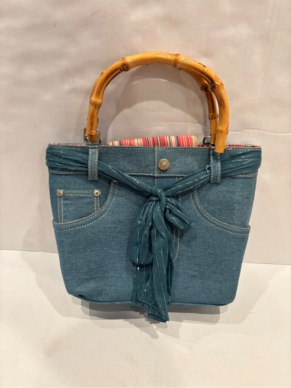 Bottega Blu Blue Denim Tote with Bamboo Handles and Tie Accent